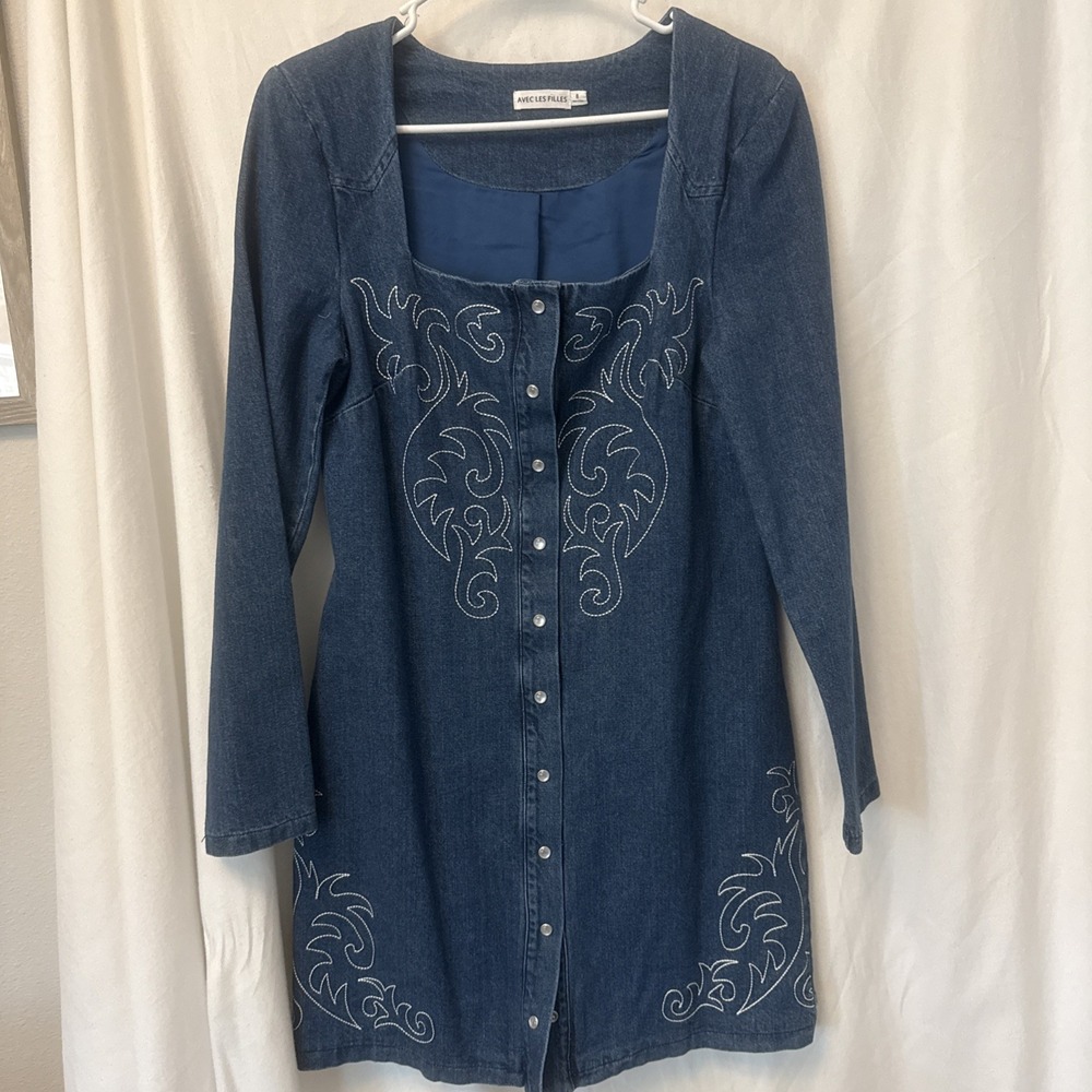 Avec Les Filles Denim Dress Western Size 8 Embroidered Snap Rodeo Cowgirl Y2K
